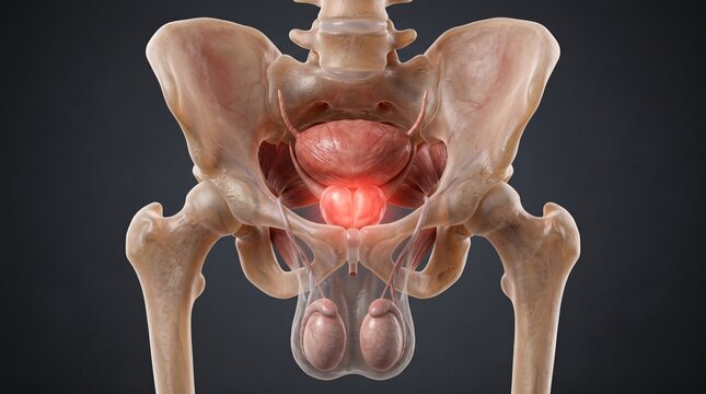 Male pelvic anatomy with highlighted bladder and urethra illustrating reproductive system organs