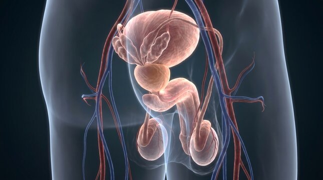 3D medical illustration showing the male reproductive system and urinary bladder