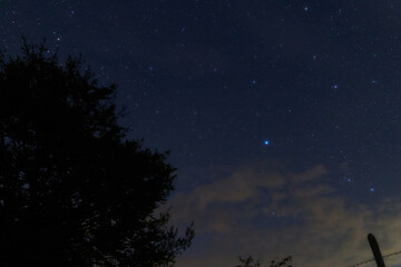 Fototapeta premium Constellations, landscape, Milky Way stars on a dark countryside skies.
