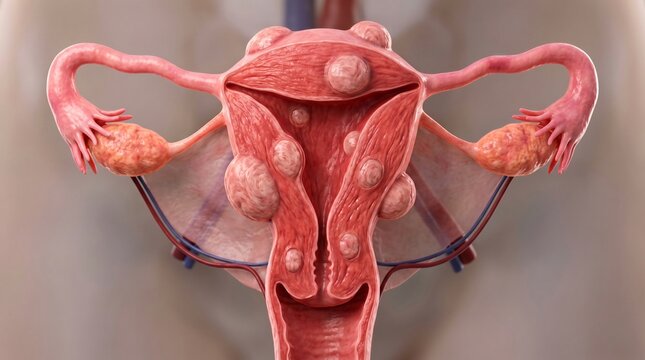 Detailed 3D illustration of a female uterus with multiple fibroids and ovaries
