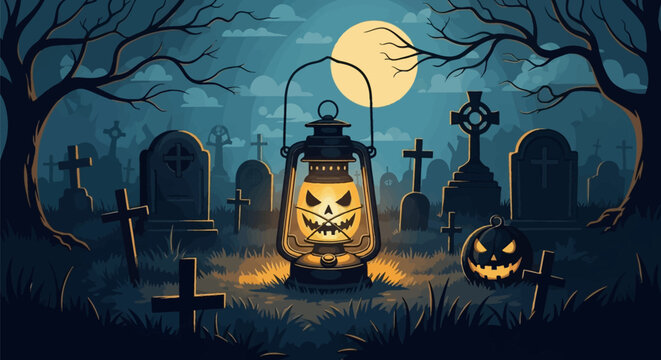 Halloween vector background with a glowing lantern featuring a carved face, set in a dark cemetery with tombstones, silhouetted bare trees, and a bright full moon in the sky.