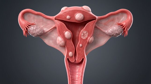Anatomical illustration of a female reproductive system showing multiple uterine fibroids and ovaries