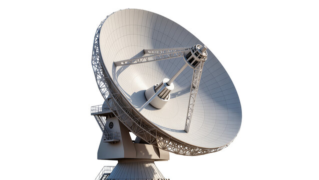Large parabolic satellite dish antenna with metal framework, isolated on transparent background