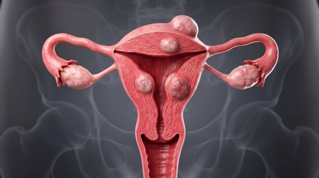 Anatomical illustration of a uterus with fibroids and ovaries scientific visualization