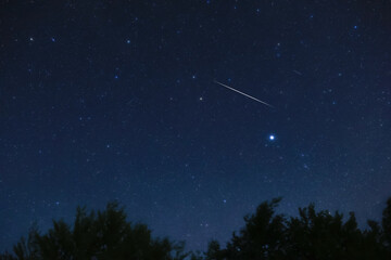 Fototapeta premium Constellations, landscape, Milky Way stars on a dark countryside skies.