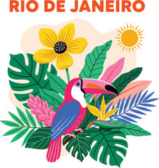 Fototapeta premium Rio de janeiro tropical illustration with toucan and exotic flora