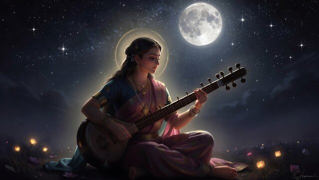 Woman playing sitar under full moon.