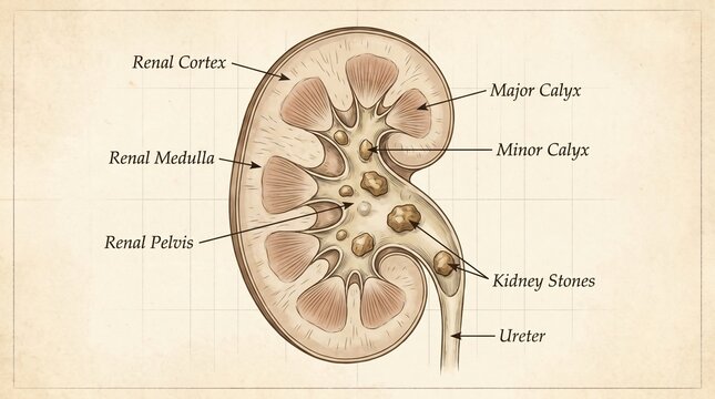 Detailed diagram of a human kidney cross section showing renal cortex medulla pelvis calyces ureter and kidney stones