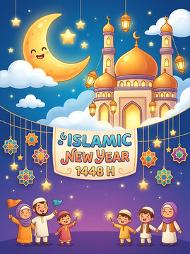 Islamic New Year 1443H Celebration with Mosque and Children in Festive Night