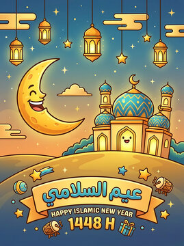 Beautiful Islamic New Year Celebration with Crescent Moon and Mosque Lanterns