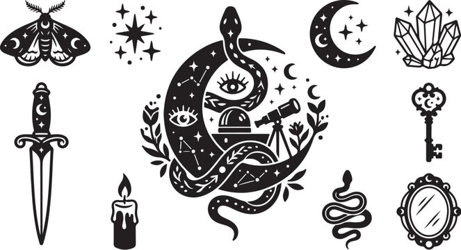 Mystical symbols and objects in black and white