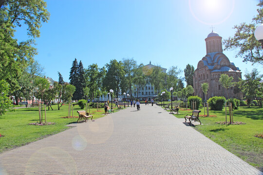 Sunny Day in Bohdan Khmelnytsky Park and Pyatnytska Church in Chernihiv