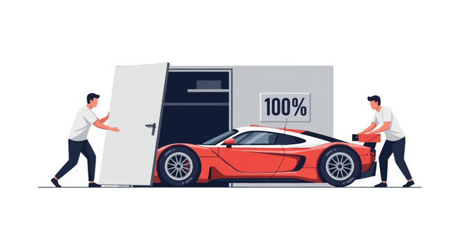 Two men opening a white garage door to reveal a sleek red and white supercar parked inside a minimalist container with a 100 percent sign, flat vector illustration on white.
