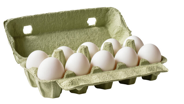 Ten white chicken eggs in a green cardboard carton, isolated on transparent background