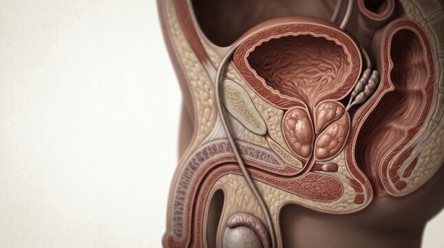 Anatomical illustration of the male pelvic reproductive and urinary system organs