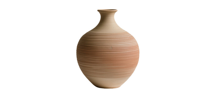 Terracotta vase with horizontal lines, isolated on transparent background