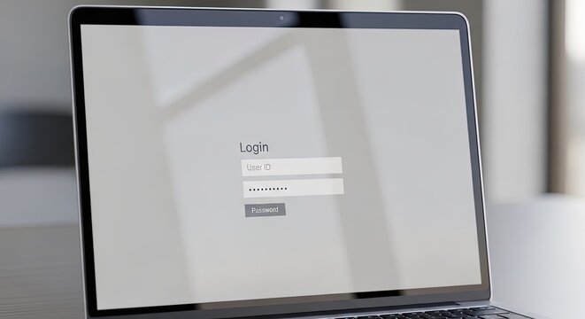 Laptop screen with login page, user id and password fields on a blurred office background