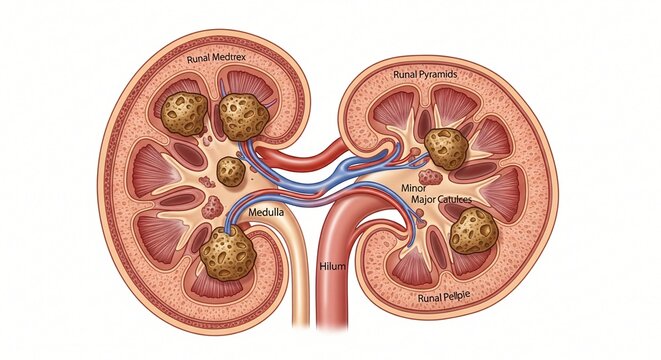 Anatomical illustration of a human kidney with multiple stones showing internal structures labeled