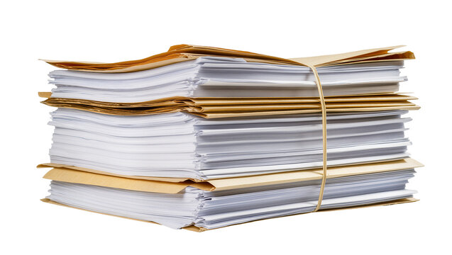 Thick stack of documents and manila folders tied with rubber band, isolated on transparent background