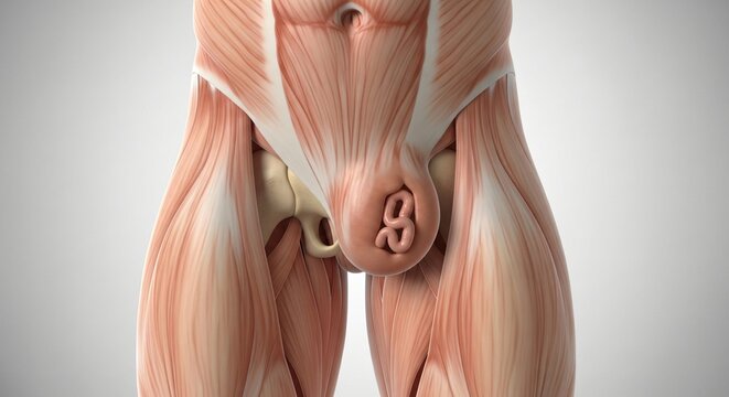 Detailed 3D rendering of male pelvic anatomy showing musculature bones and reproductive organs