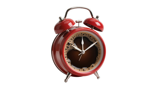 Red alarm clock filled with dark coffee, isolated on transparent background