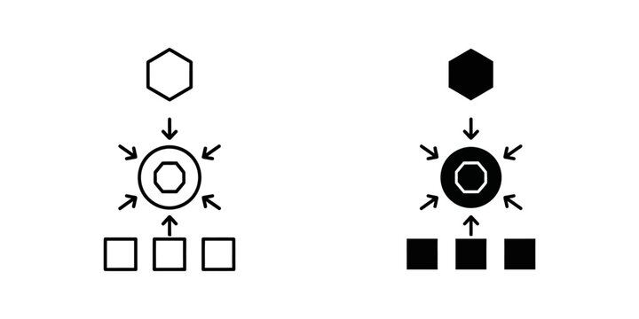 Centralized data aggregation process icon with multiple inputs leading to single output, aggregation