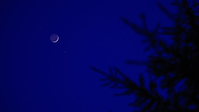 Blue hour time with crescent Moon, stars and planets above landscape silhouettes.
