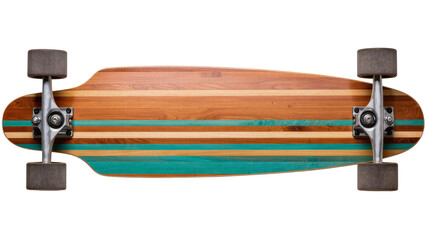 Wooden striped longboard skateboard with metal trucks and grey wheels, isolated on transparent background © TONSTOCK