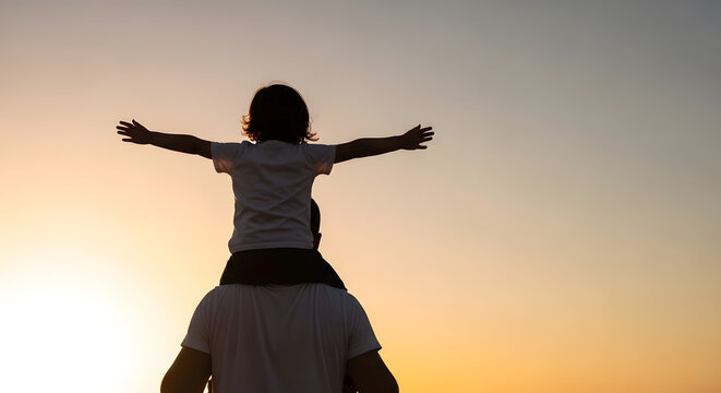 Silhouette of a father carrying his child on his shoulders