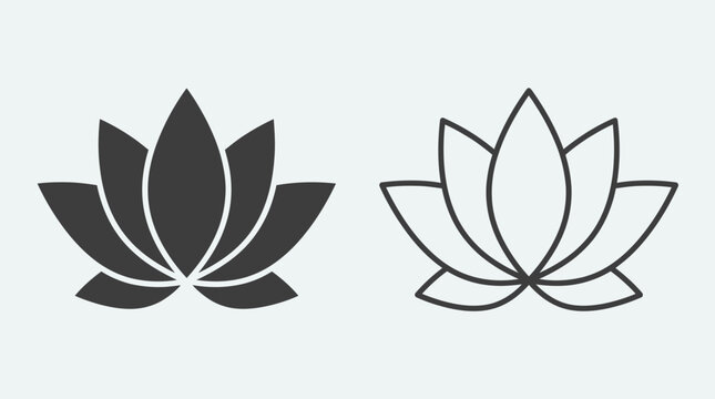 Lotus flower icon set - silhouette and outline styles with water lily, spiritual