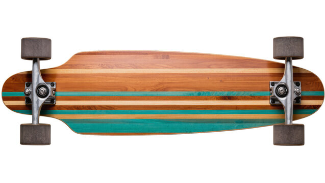 Wooden striped longboard skateboard with metal trucks and grey wheels, isolated on transparent background
