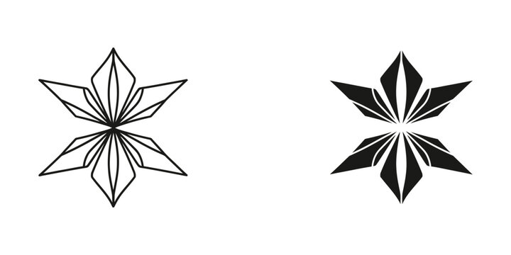 Abstract geometric star or flower decorative ornament vector icon with line art, black white
