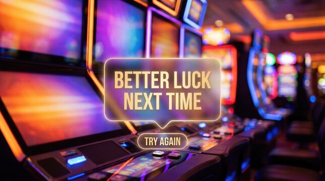 Slot machine with neon text better luck next time on screen. Losing result in casino. Gambling game and risk concept. Online betting platform interface with bright blurred background.
