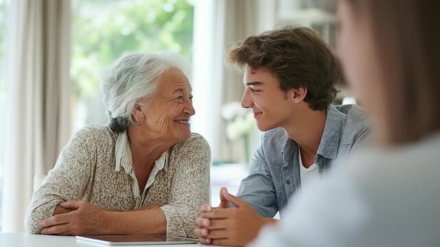 Engaged teenager and senior woman converse with a healthcare professional. Warm indoor setting fosters intergenerational connection.