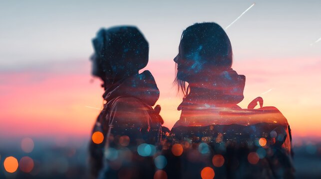 Silhouettes of two people facing opposite directions with a starry night sky and sunset double exposure effect, symbolizing contrast and contemplation.