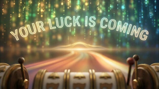 Slot machine with neon text Your luck is coming. Gambling concept with glowing casino lights. Winning potential and jackpot excitement. Digital light background for casino gaming industry.