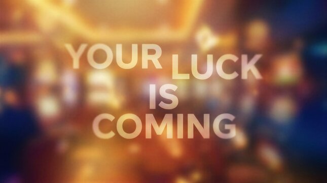 Your luck is coming text on blurred casino background. Motivational message for gambler. Concept of winning in casino, success in gambling and opportunity for big jackpot prize.