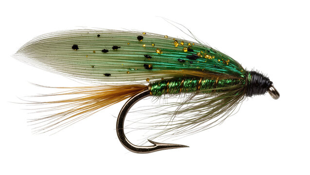 Green metallic fly fishing lure with feather wing, isolated on transparent background