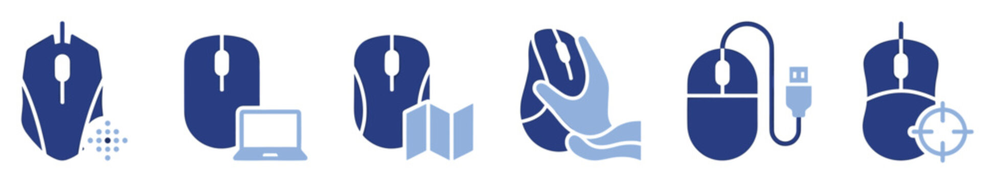 Set of computer mouse icons featuring types and uses for digital technology solutions