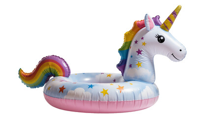 Inflatable unicorn pool float with rainbow mane and tail, isolated on transparent background © TONSTOCK