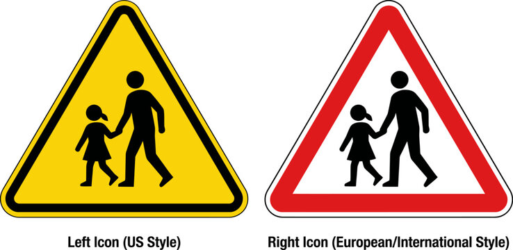 Children crossing road warning signs - us and european styles with warning sign