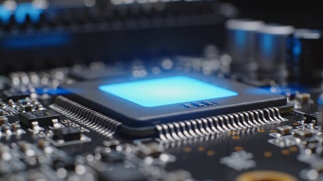 Glowing microchip processor on high-tech circuit board motherboard.