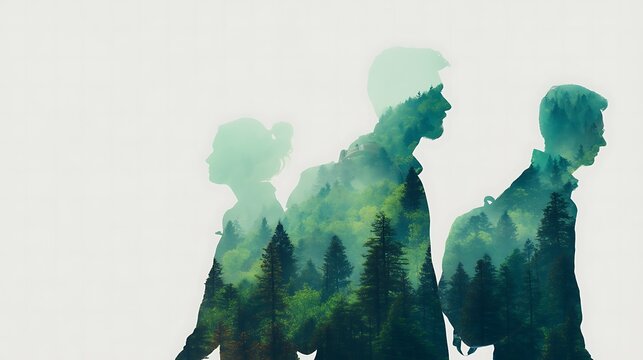 Silhouetted people overlaid with a forest scene, blending human figures and nature in a double exposure style.