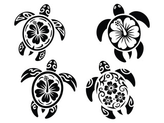 Sea Turtles with Flowers Vector Collection Featuring Tropical Underwater Wildlife, Hawaii Plants and Floral Tattoo Illustrations © RPO YEN