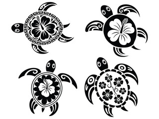 Sea Turtles with Flowers Vector Collection Featuring Tropical Underwater Wildlife, Hawaii Plants and Floral Tattoo Illustrations © RPO YEN