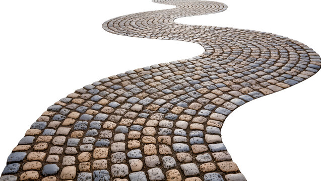 Curving cobblestone pathway with rough textured stones, isolated on transparent background