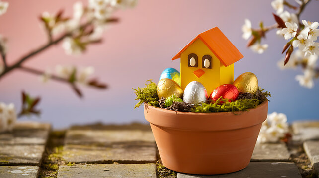 Easter decoration with miniature house and colorful eggs in flower pot on rustic wooden table