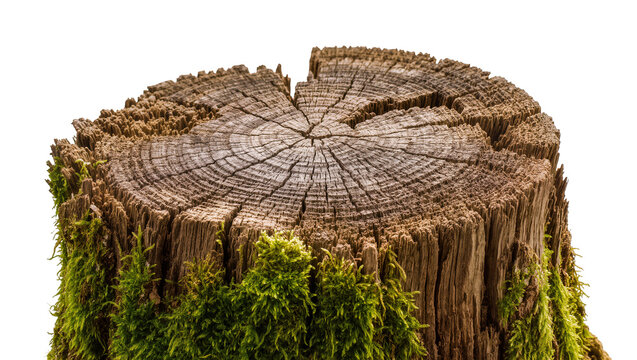 Rough weathered tree stump covered in green moss, isolated on transparent background