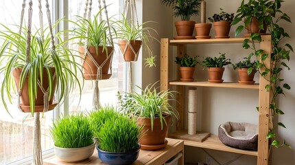 Fototapeta premium A serene indoor garden with various potted plants on a wooden shelf and table by a window on transparent background