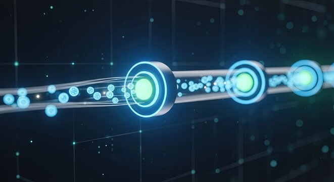 Abstract visualization of data processing and information flow through a digital pipeline, representing network connectivity, cloud computing, and advanced technological infrastructure